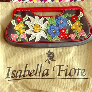 Isabella Fiore Black Clutch with Colorful Floral Embroidery